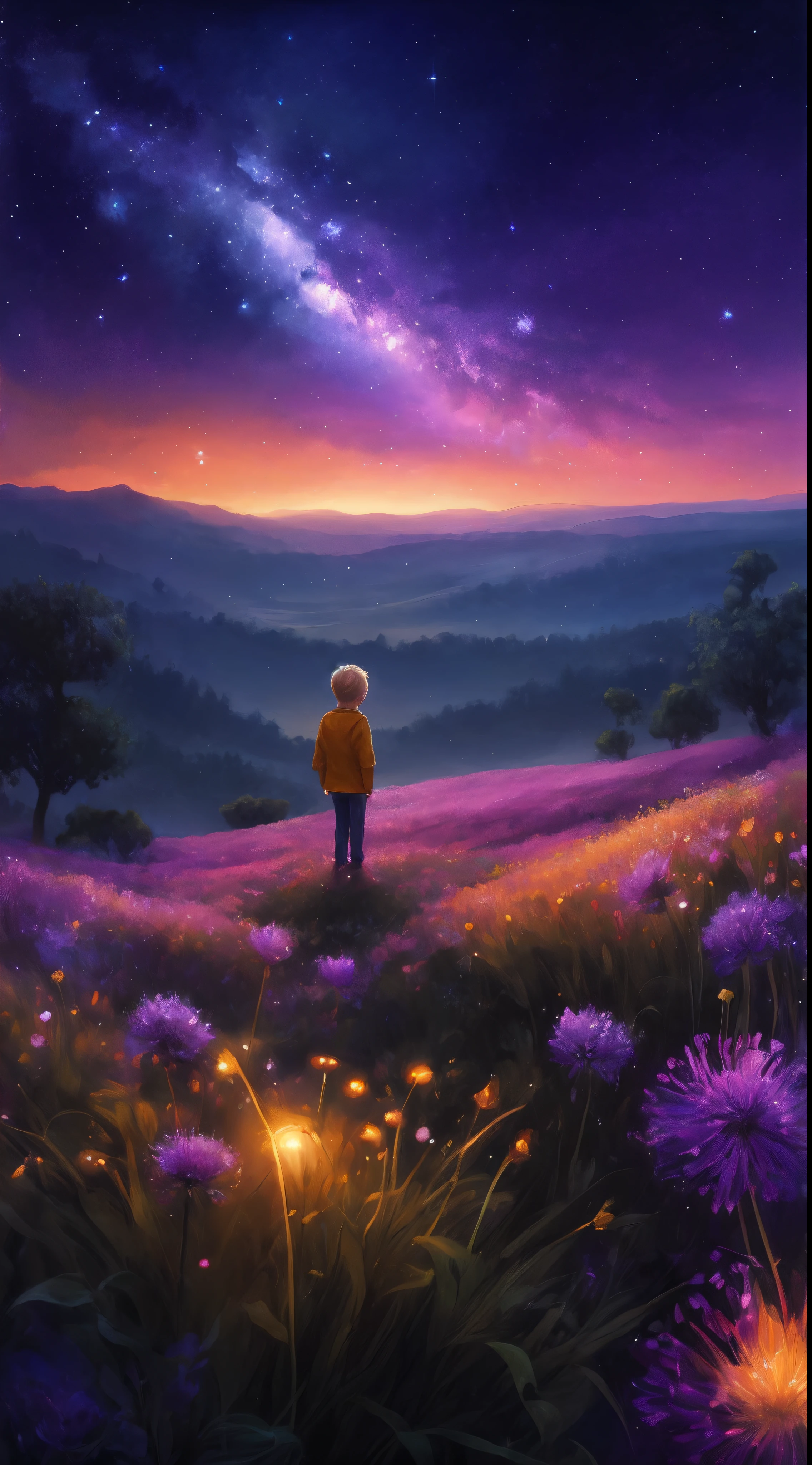 painting of a little blonde boy standing in a field of flowers looking at the stars, lost in a dreamy fairy landscape, beautiful art uhd 4 k, dreamlike digital painting, magical landscape, endless cosmos in the background, whimsical fantasy landscape art, field of flowers at night, standing in a flower field, beautiful digital painting, standing in flower field