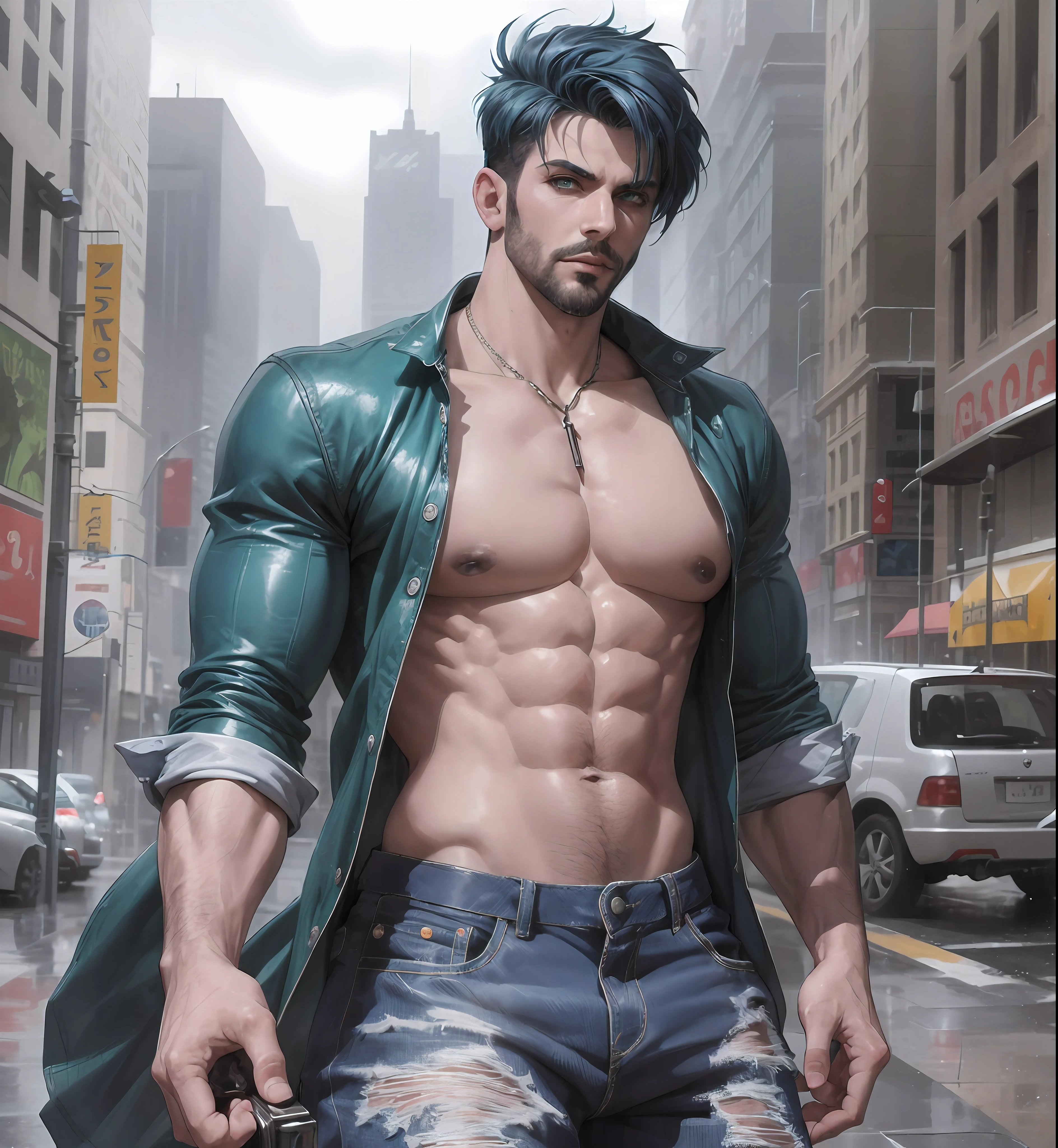 man, short blue hair, blue beard, thick blue eyeshadow, emerald green eyes, thick arms, hidden hands, wearing cross brico on left ear, defined jaw, glued jeans, big mouth, aggressive seductive look, defined body, clear and rainy landscape, leaning against car, with buildings, weights around blurred, more blurred background, --auto --s2