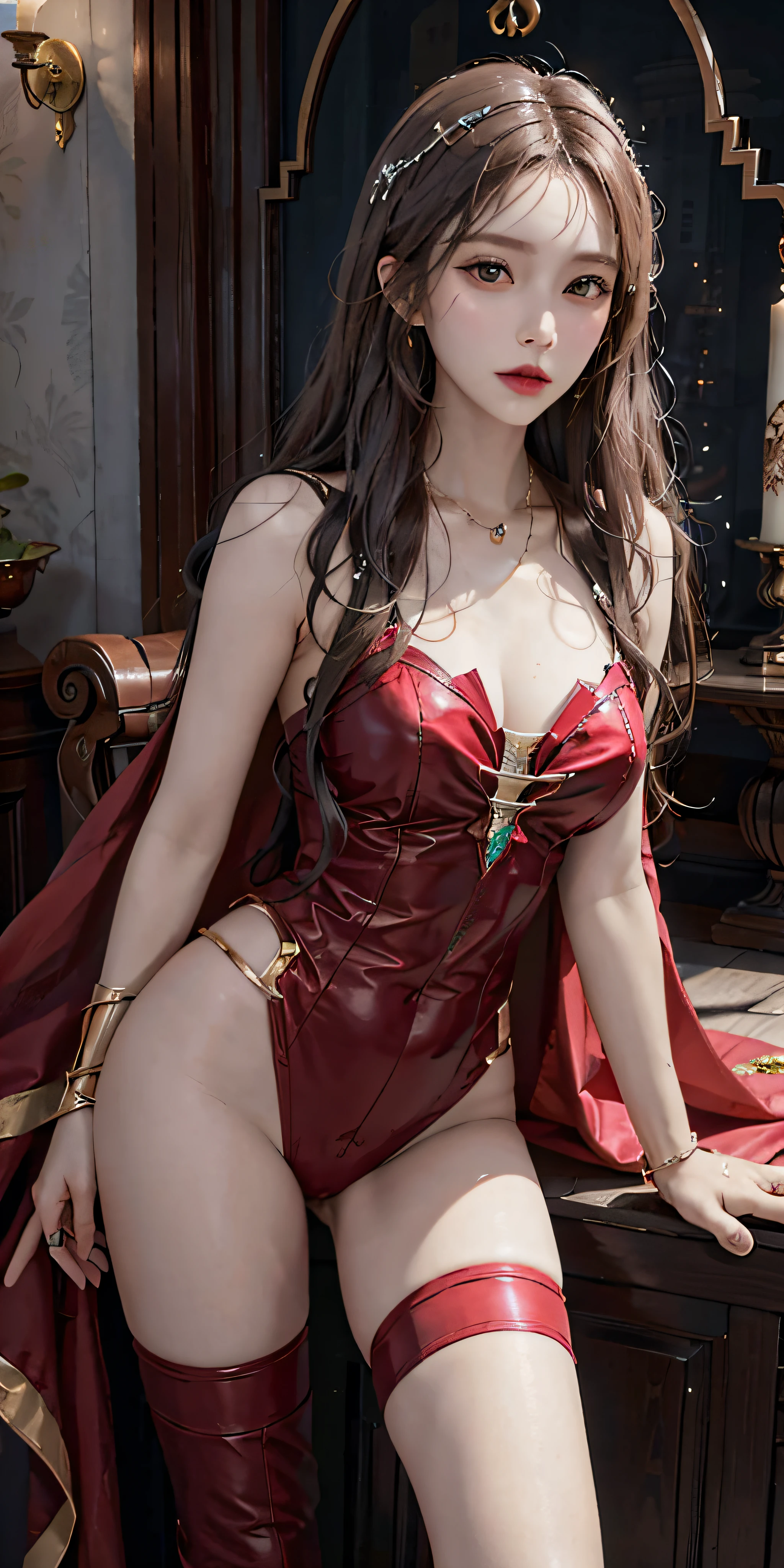 Photorealistic, high resolution, Soft light,1womanl, Solo, Hips up, (Detailed face), jewelry, scarlet witch costume, jewelry, tattoo