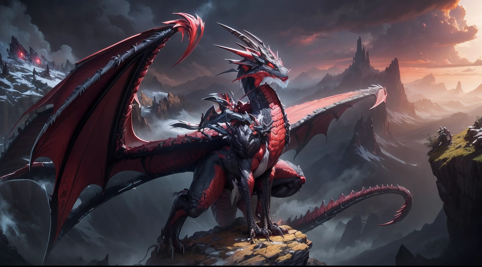 Western dragon, well-proportioned body, big ankles, big feet, beautiful, cool, 4 legs, red eyes, gray scales covering the whole body, wings are retracting, strong, each leg has 4 claws, 2 horns on the head, in the center of the head there is a mat, sharp, smoke from the jaws, background on the top of a mountain, surrounded by trees, withered, bright sky, cloudy, left foot front stepping on the rock, looking forward, 8k,