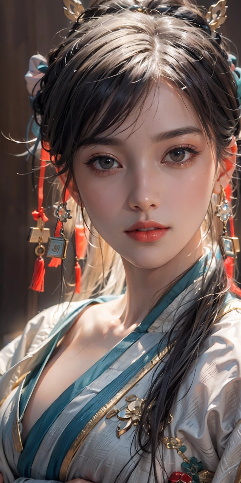 a close up of a woman wearing a blue dress and a neck tie, Chinese girl, gorgeous chinese model, Beautiful character painting, Realistic. Cheng Yi, Extremely beautiful face, cute delicate face, Stunning anime face portrait, Traditional beauty, Chinese style, Beautiful digital artwork, beautiful asian girl, Chinese woman, beautiful portrait image, gorgeous face portrait, traditional chinese