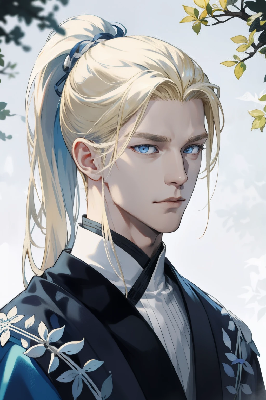 Long blonde man with fog blue eyes、High ponytail、A scar under the right eye、Nordic medieval black、bule、florals、Lots of trees nearby、extra detailed face