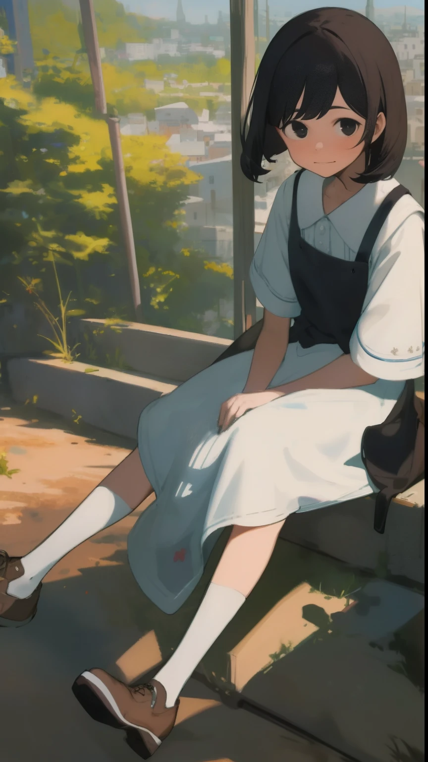 ​masterpiece, top-quality, 1girl in, The upper part of the body, sitting on, sweeping bangs, shorth hair, , A dark-haired, doress, frilld, plein air,bookstore、The viewer is the viewer's gaze