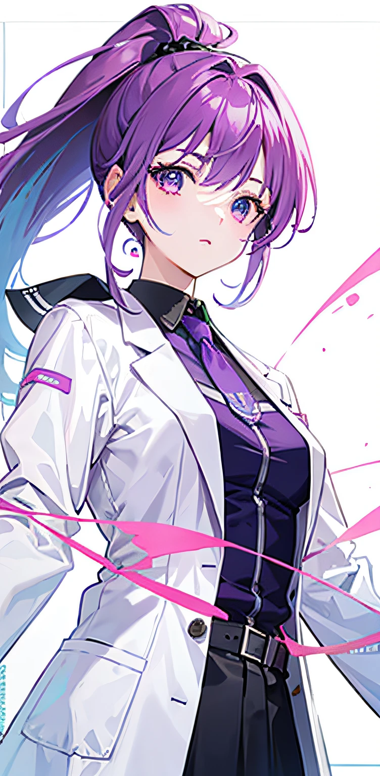Young male scientist，Scientific experiments，Purple hair, Short ponytail hair, hair bobbles, Gradient eyes, anime big breast, Anime style, first person perspective, hyper HD, Masterpiece, 8K