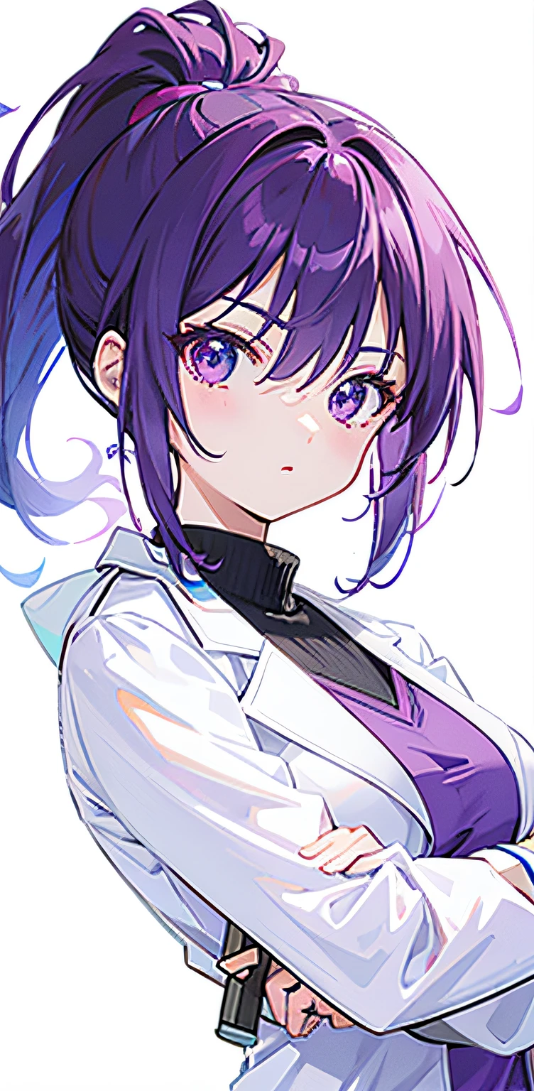 Young male scientist,Scientific experiments,Purple hair, Short ponytail hair, hair bobbles, Gradient eyes, anime big breast, Anime style, first person perspective, hyper HD, Masterpiece, 8K