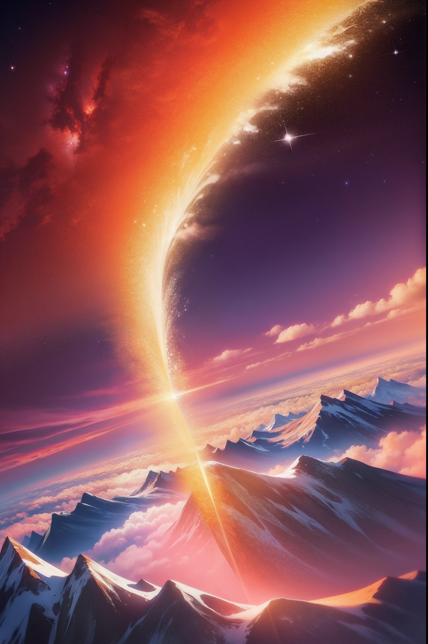 soaring mountain peaks, red sun on top of mountains, milky way, best quality, detail