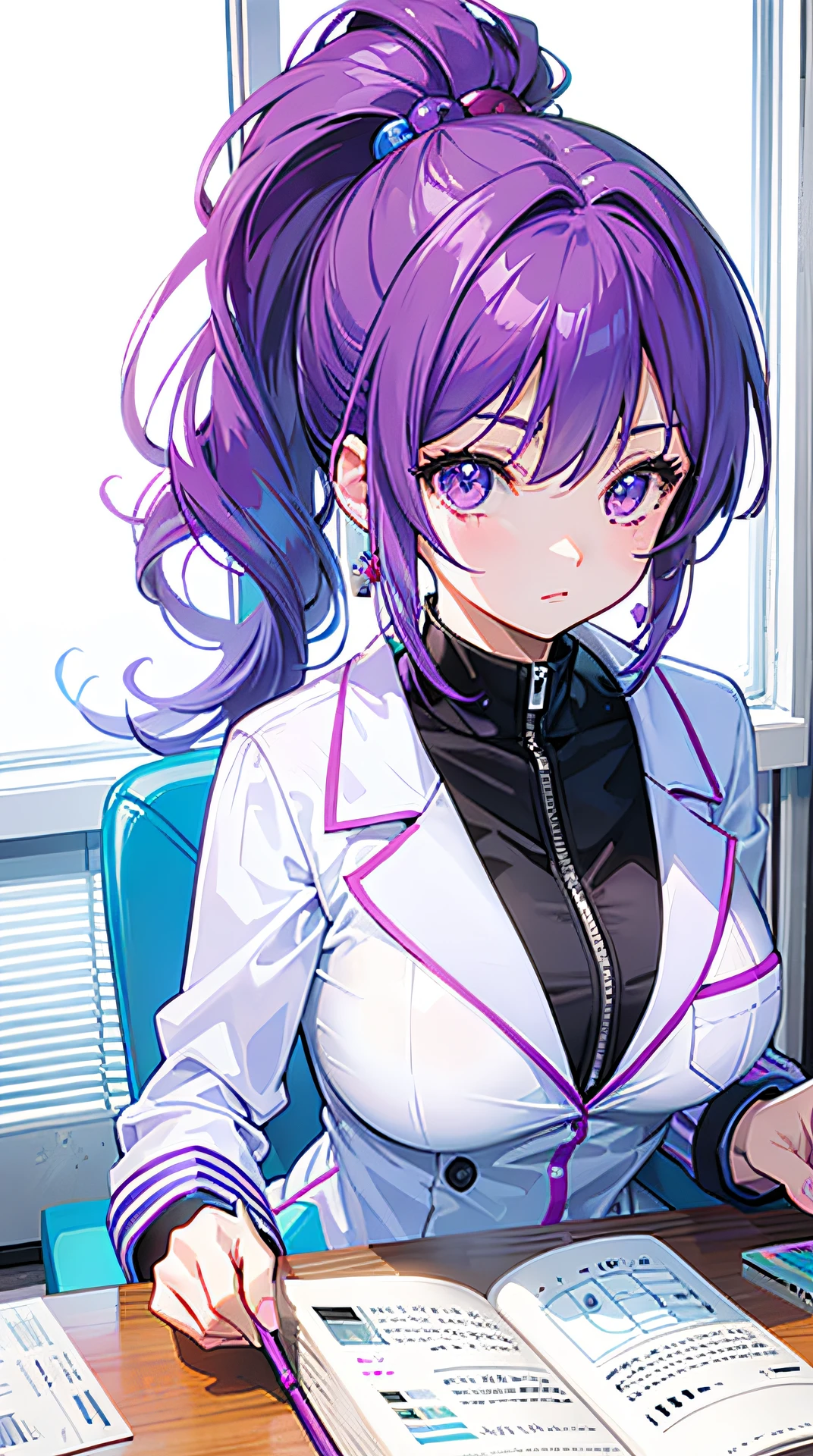 Young female scientists,looking at book,Lab Room,Scientific experiments,Purple hair, Short ponytail hair, hair bobbles, Gradient eyes, anime big breast, Anime style, first person perspective, hyper HD, Masterpiece, 8K
