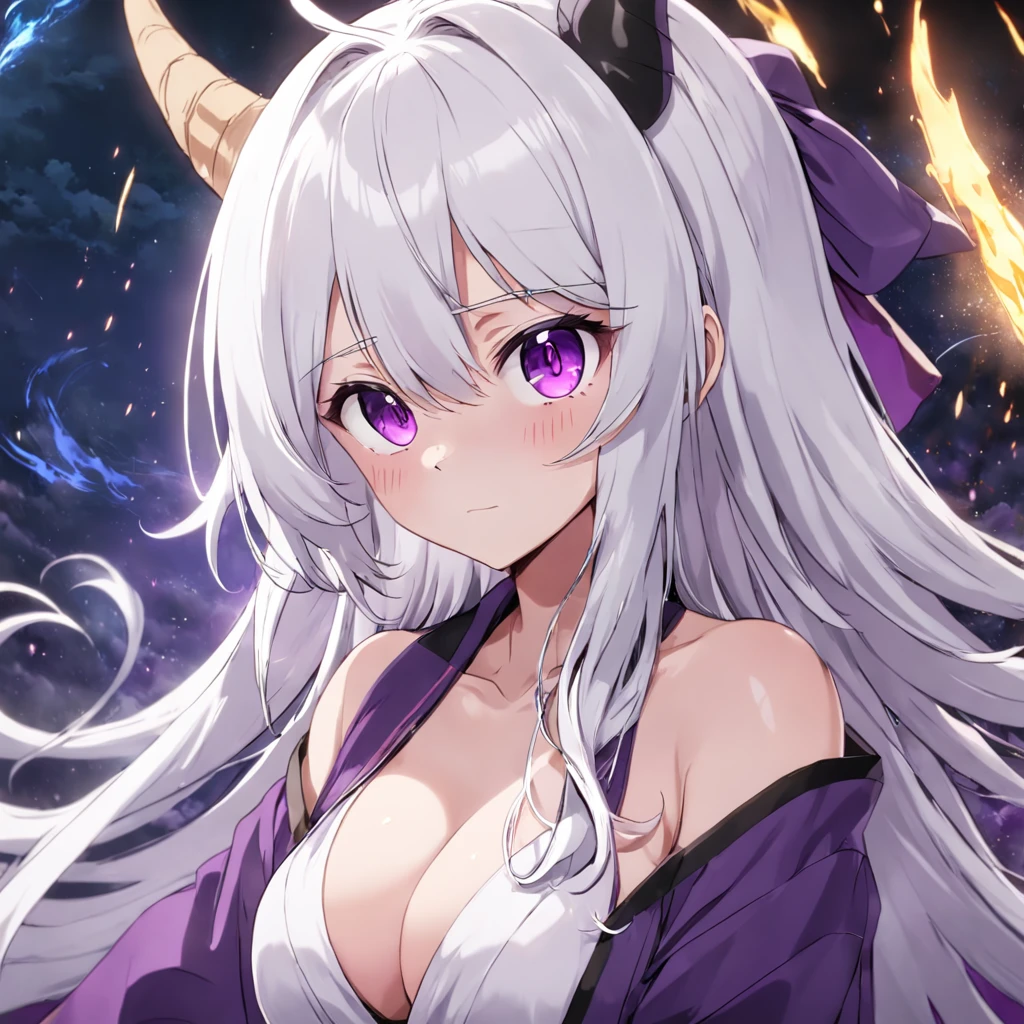 White hair,Purple robe,Purple pupils,Straw Hat Hat,Dark background,,Tsundere-sama,anime big breast