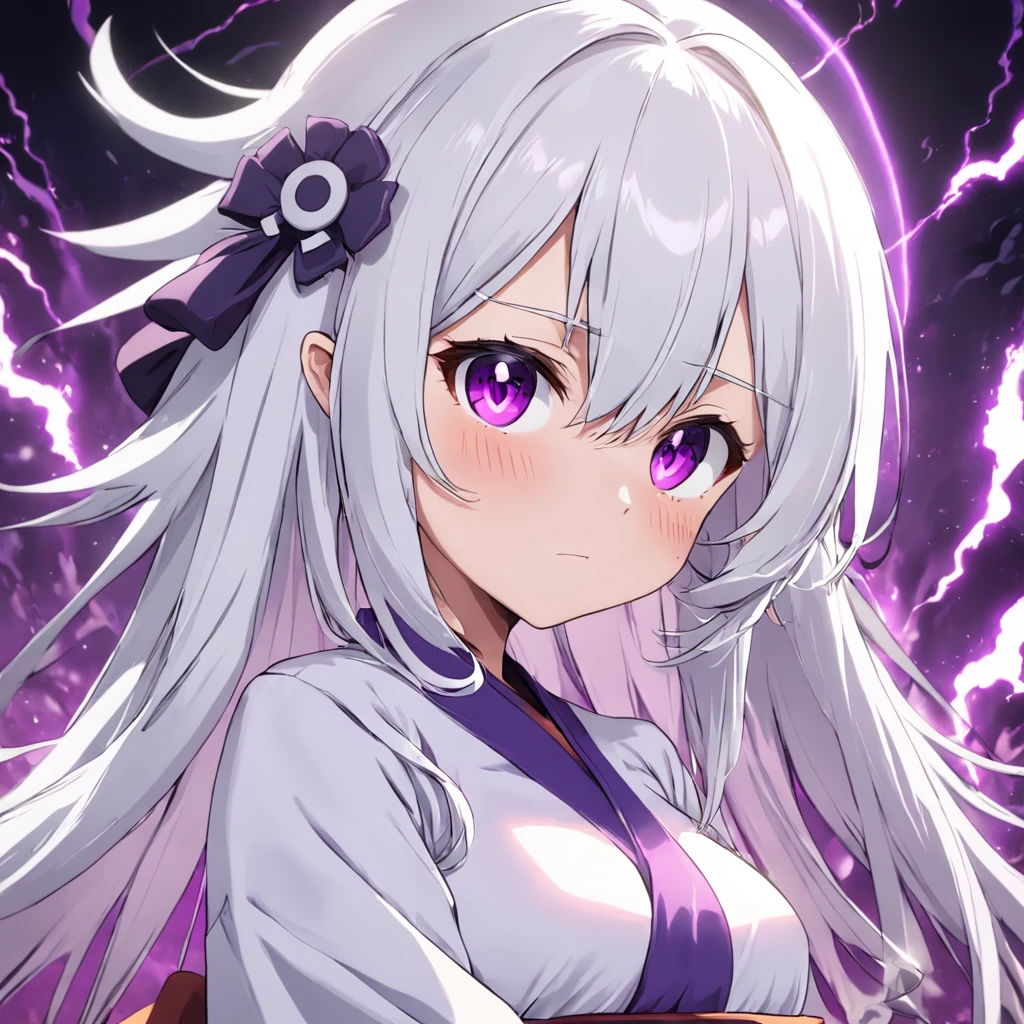 White hair,Purple robe,Purple pupils,Straw Hat Hat,Dark background,,Tsundere-sama,anime big breast