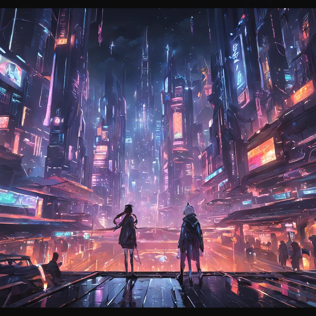 A futuristic cyberpunk cityscape at night with towering neon-lit skyscrapers, flying cars, and a diverse crowd of humans and androids, in a highly detailed digital painting reminiscent of Blade Runner.