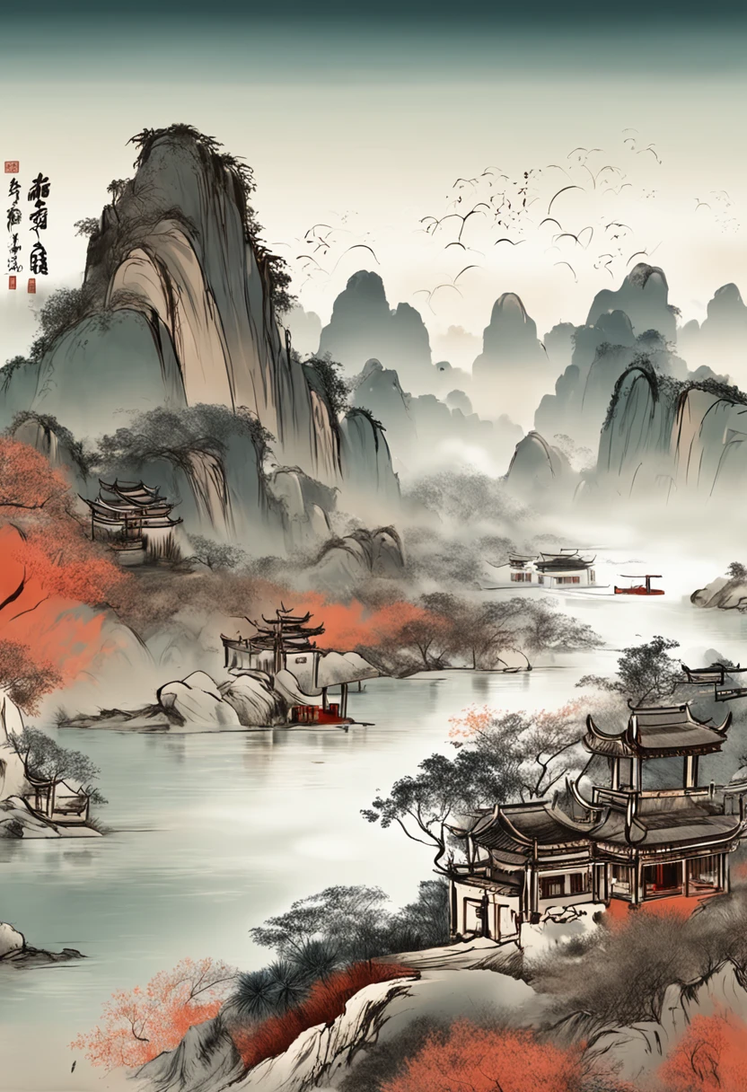 Scenery of the Yangtze River Delta region,Traditional chinese painting、water ink、Brown tones、landscape、ancient wind