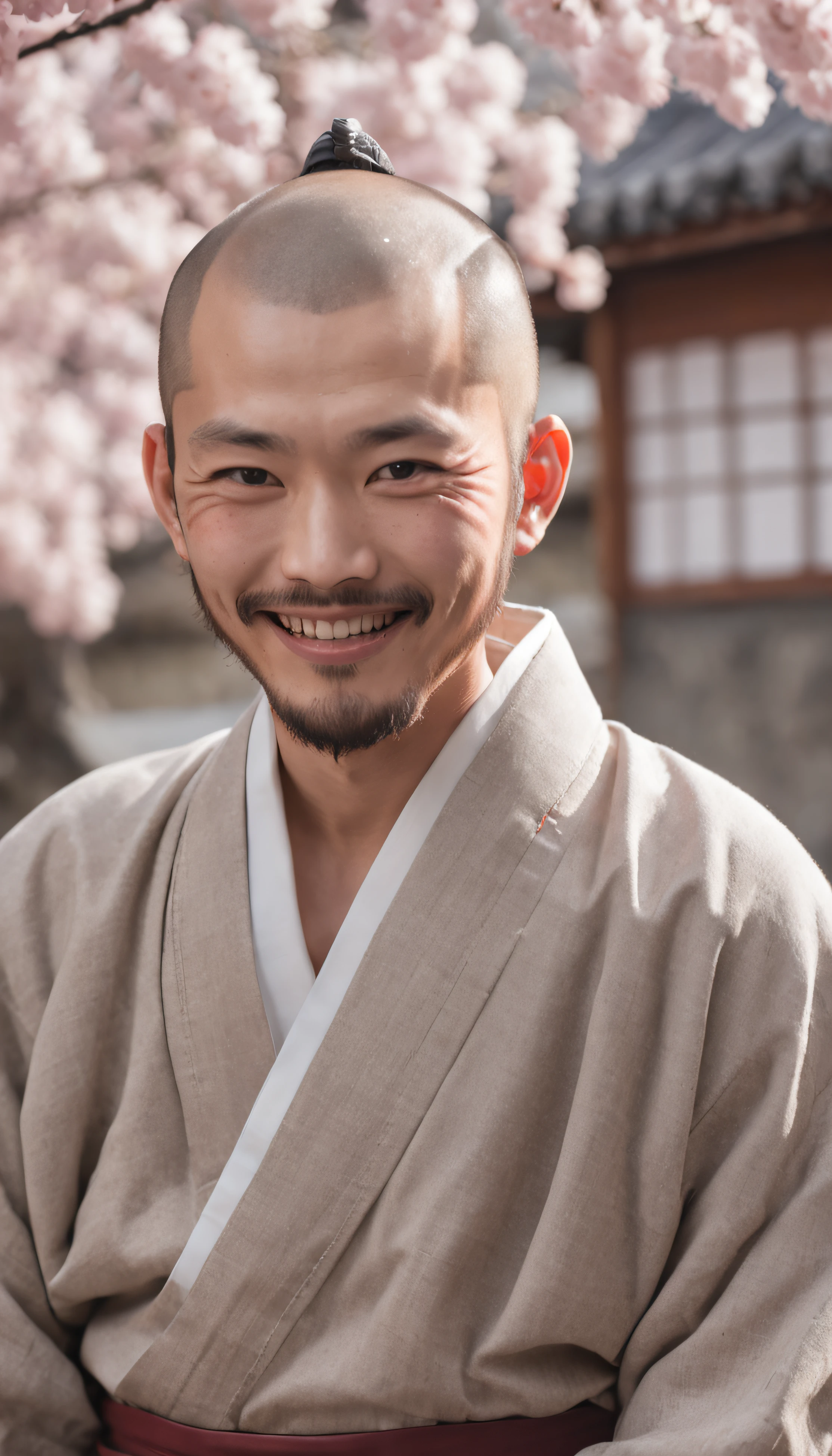 Realistic, Masterpiece, Intricate details, Detailed background, Depth of field, Handsome photo (Japan man), Interesting Ecchus, loincloth, Onsen, Beard, (30 years old), Dynamic pose, cherry blossom,, (Fake smile:0.6), buzz cut,Goatee,Fake smile,laughingly, view the viewer, Expressive, Legs spread, Bulge