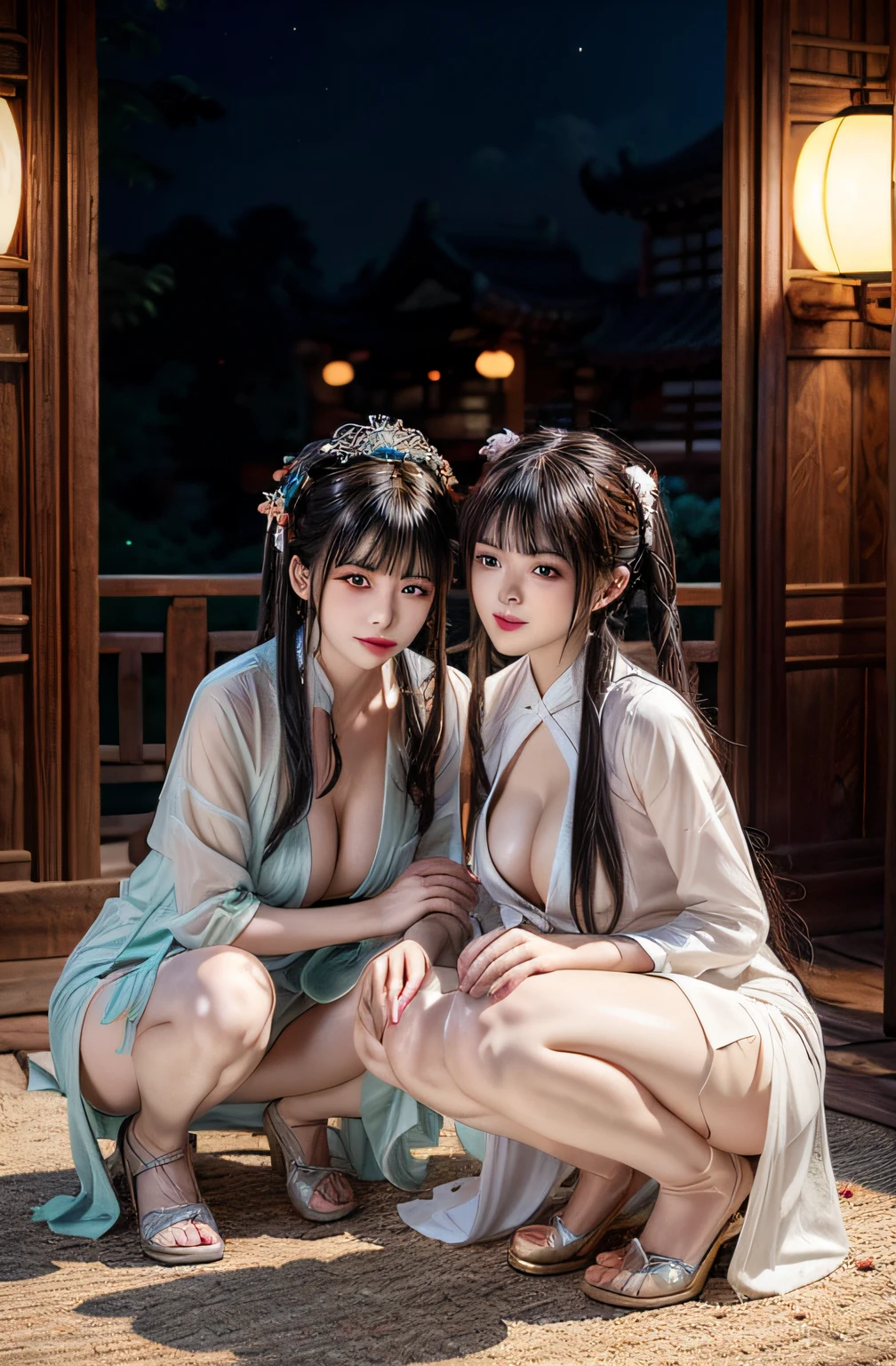 Multiple beauties touching each other, (Transparent shirt: 1.2), (Open Shirt), Light Clothes, Sleeveless, Huge breasts, Upright breasts close up Two women lying on bed pose for photo, Surreal full-body figure, Beautiful and detailed body and face, Gorgeous figure, poneyTail, Clear, Smile, moaning, tease, Surreal full-body body, Beautiful and detailed body and face, Ultra-long viewing angle, Fair skin, Bright colors, Asian, There was almost nothing in the clothes, Blurry, Chinese clothes underwear、masterpiece, top-quality, hightquality, hight resolution、((squatting and opening legs))、facing front