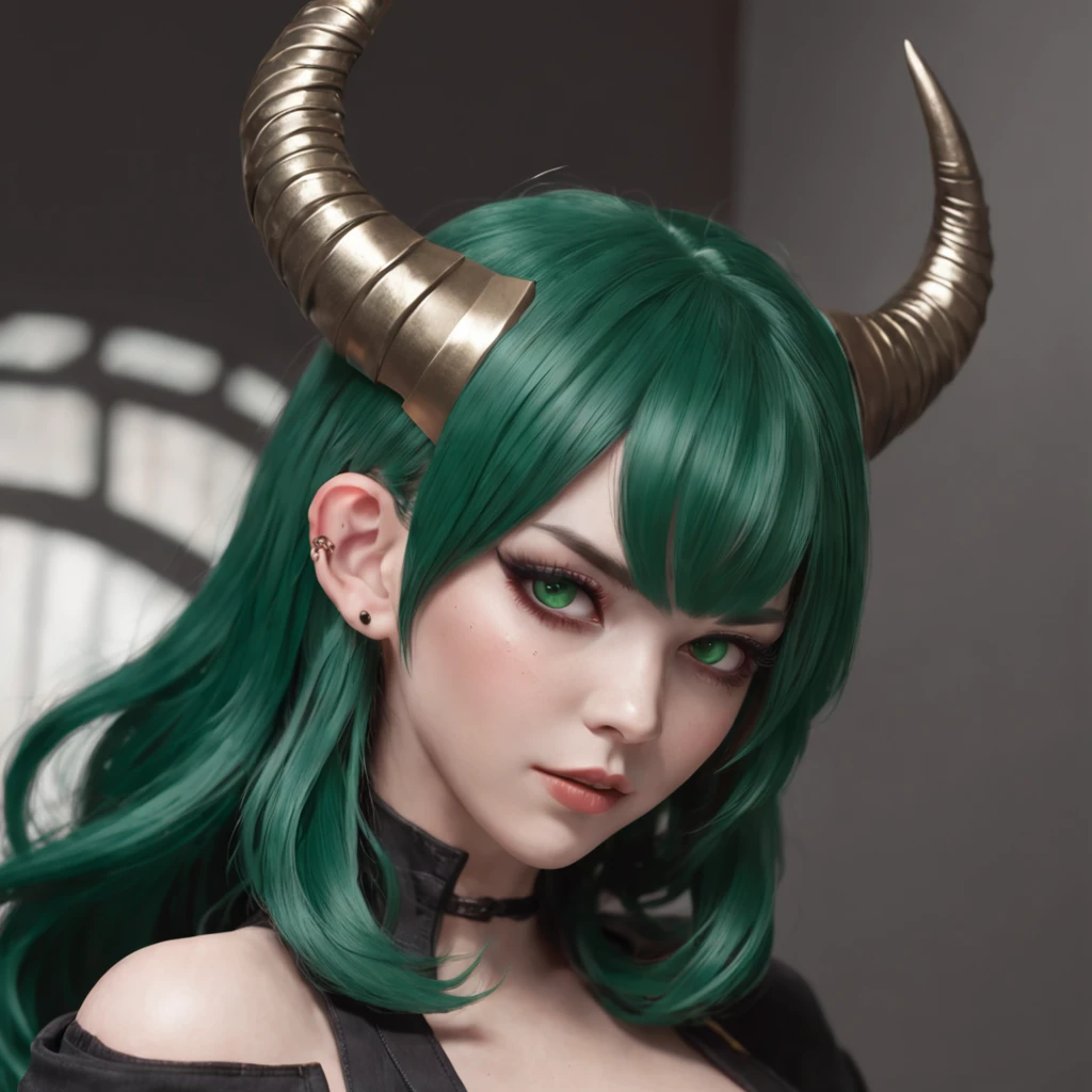 Anime girl with green hair and horns in a black outfit, IG-Modell | Artgerm, Extrem detaillierter Artgerm, Artgerm Wohnung, ArtGerm auf ArtStation Pixiv, Stil Artgerm, ! Traum Artgerm, gezeichnet im Stil von Artgerm, Stil von Artgerm, Fanart Beste ArtStation, Artgerm Portrait.