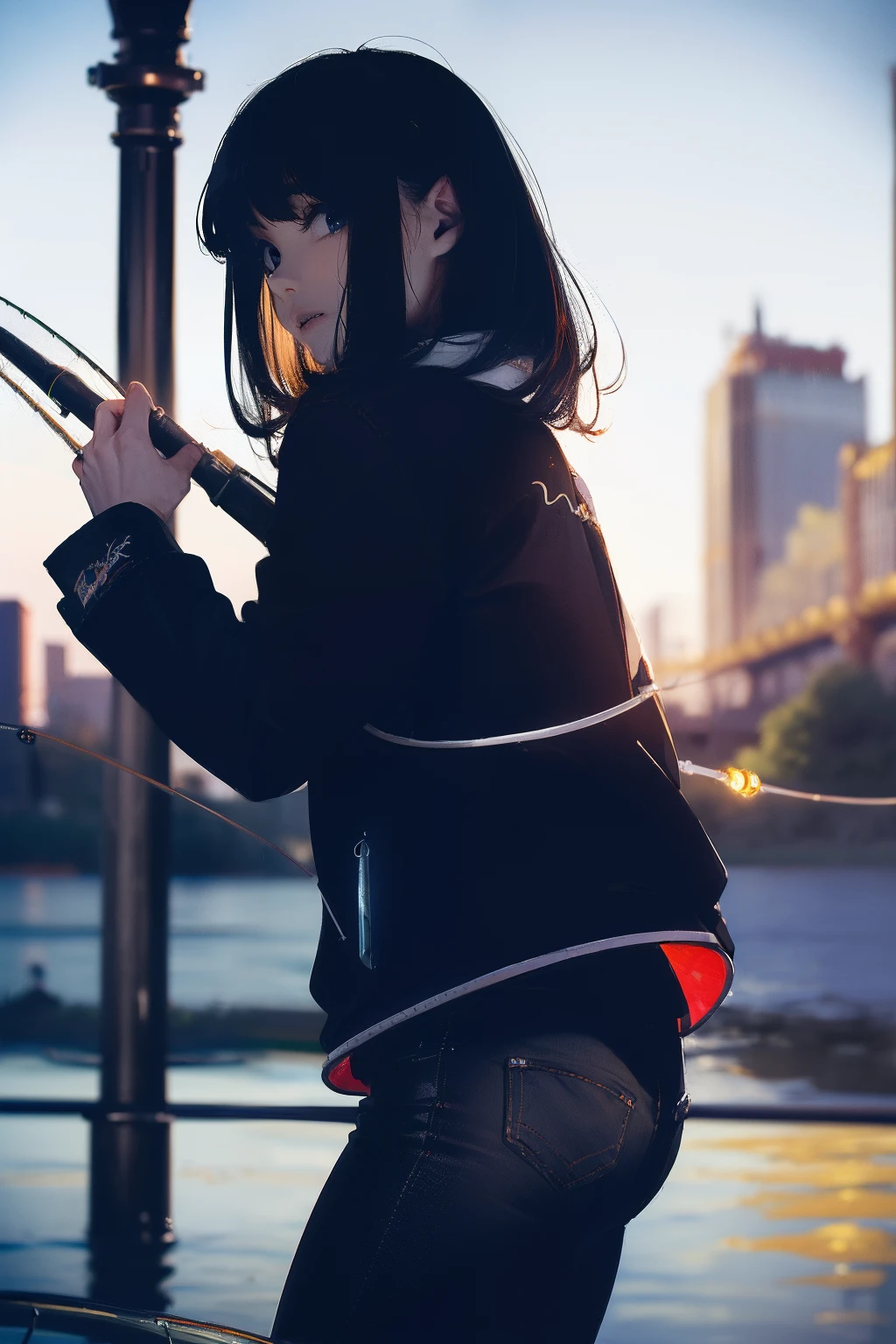 ((((casting a lure and having fishing rod with a reel by the lakeside:1.5)))),((Female 28 years old)),((Best Quality:1.5)),(((Hands with the correct number and structure of fingers:1.4))),((Big fish:1.37)),hight resolution,ultra-detailliert,​masterpiece,best qualtiy,(Eight-headed body),Black hair, long eyes-lashes, Solid Circle Eyes, drop shadow, Atmospheric perspective,Super Detail, ccurate, small brest,(Black jacket and black jeans :1.1),top-quality, blurry backround, bokeh dof:1.2, (​masterpiece:1.3),  Atmospheric perspective,Super Detail,dynamic compositions,