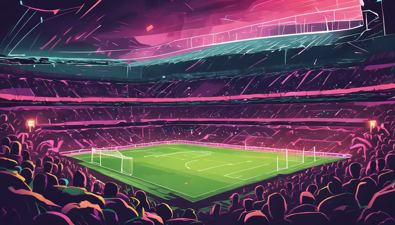 Abstract,The back of a group of Chinese football agers in green jerseys,Inside the stadium,the night,toplight,Illustration style