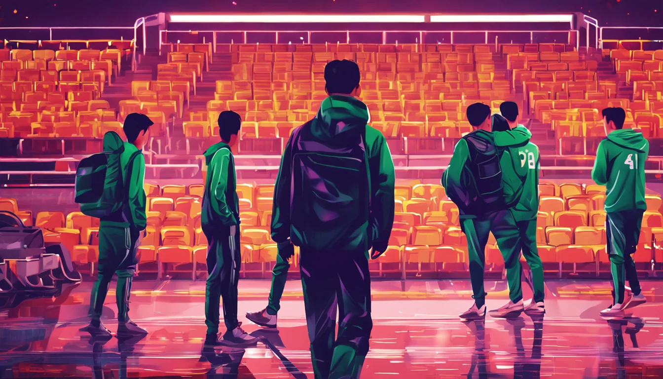 Abstract,The back of a group of Chinese football teenagers in green jerseys,Inside the stadium,the night,toplight,Illustration style