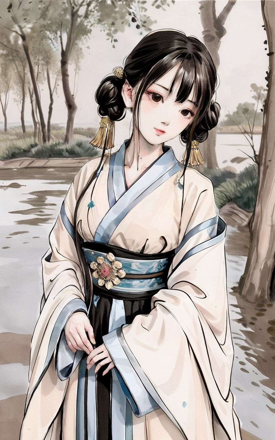 shukezouma, Negative space, , shuimobysim , Portrait of a woman standing , Willow branches, (Masterpiece, Best quality:1.2), Traditional Chinese Ink Painting, ModelShoot style, Peaceful, (Smile), view the viewer, wearing long hanfu, Hanfu, Song, Willow tree in background, wuchangshuo,