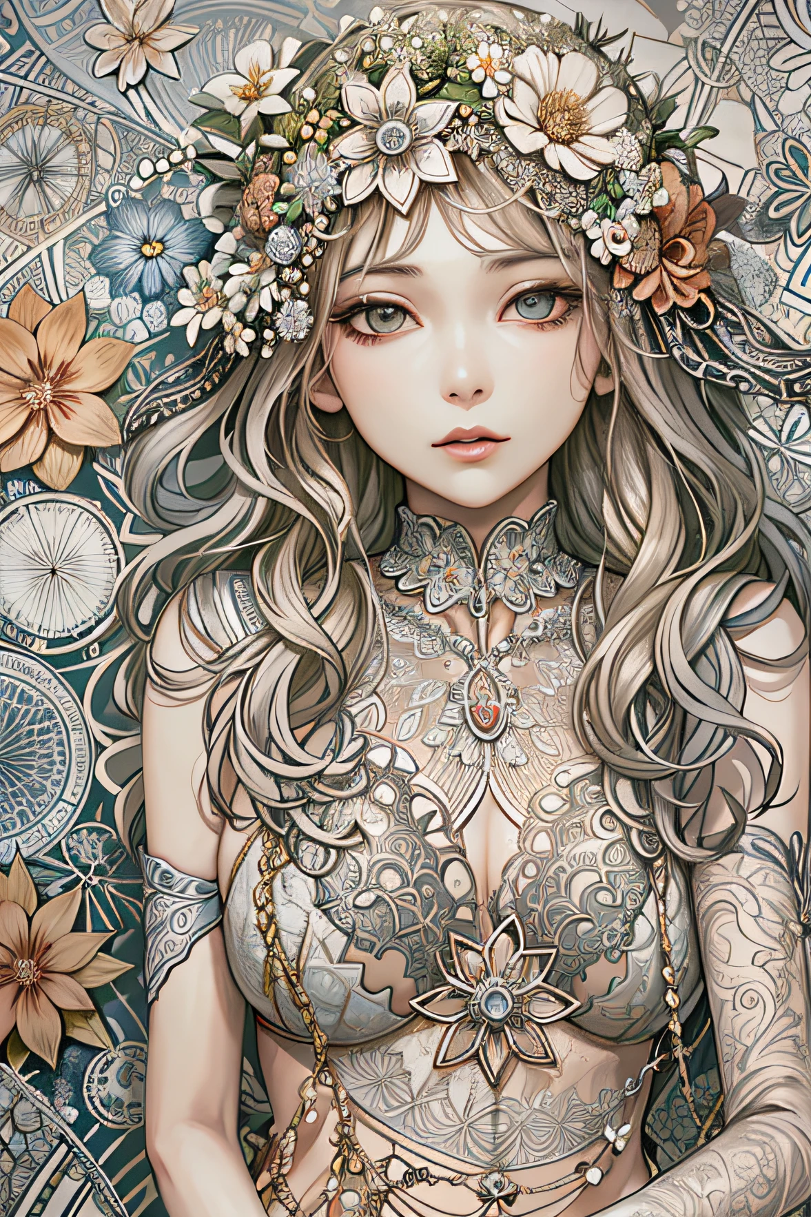 there is a woman with a flower crown on her head, Wear a bra,extreme hight detail, Artwork illustration, detailed matte fantasy portrait, Exquisite digital illustration,
