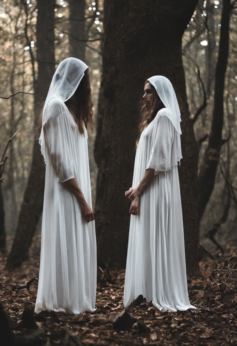 Two women dressed in white are standing in a forest, imagem assustadora espiritual, Bruxas, wearing translucent veils, fotografia assustadora, assombrosamente bela, gorgeous with sinister vibes, The Three Destinations, circle of the crone, Bebidas espirituosas cobertas de cortinas, funeral veil, Mito grego do ritual escuro, scary horrifying satanic rituals, southern gothic art