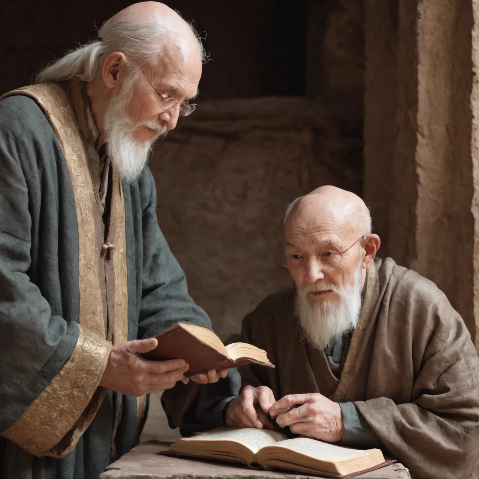 In an old palace, An old man holding an alchemy book is instructing a young man on how to practice the art. The young man wears a simple robe,Stand beside the old man. The old man had a mysterious smile on his face, There is also a faint smell of medicinal herbs in the air. On the wall hangs an ancient alchemy painting, Depicts a god holding a furnace used for alchemy.