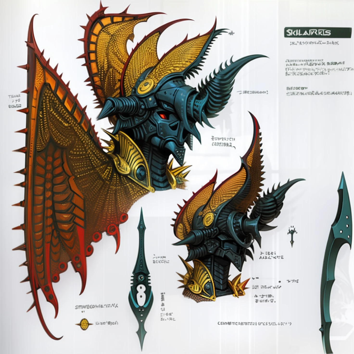 Helmet design drawing,Full helmet full of irregular spikes,asymmetrical,Three View,Cartographic,Comment details