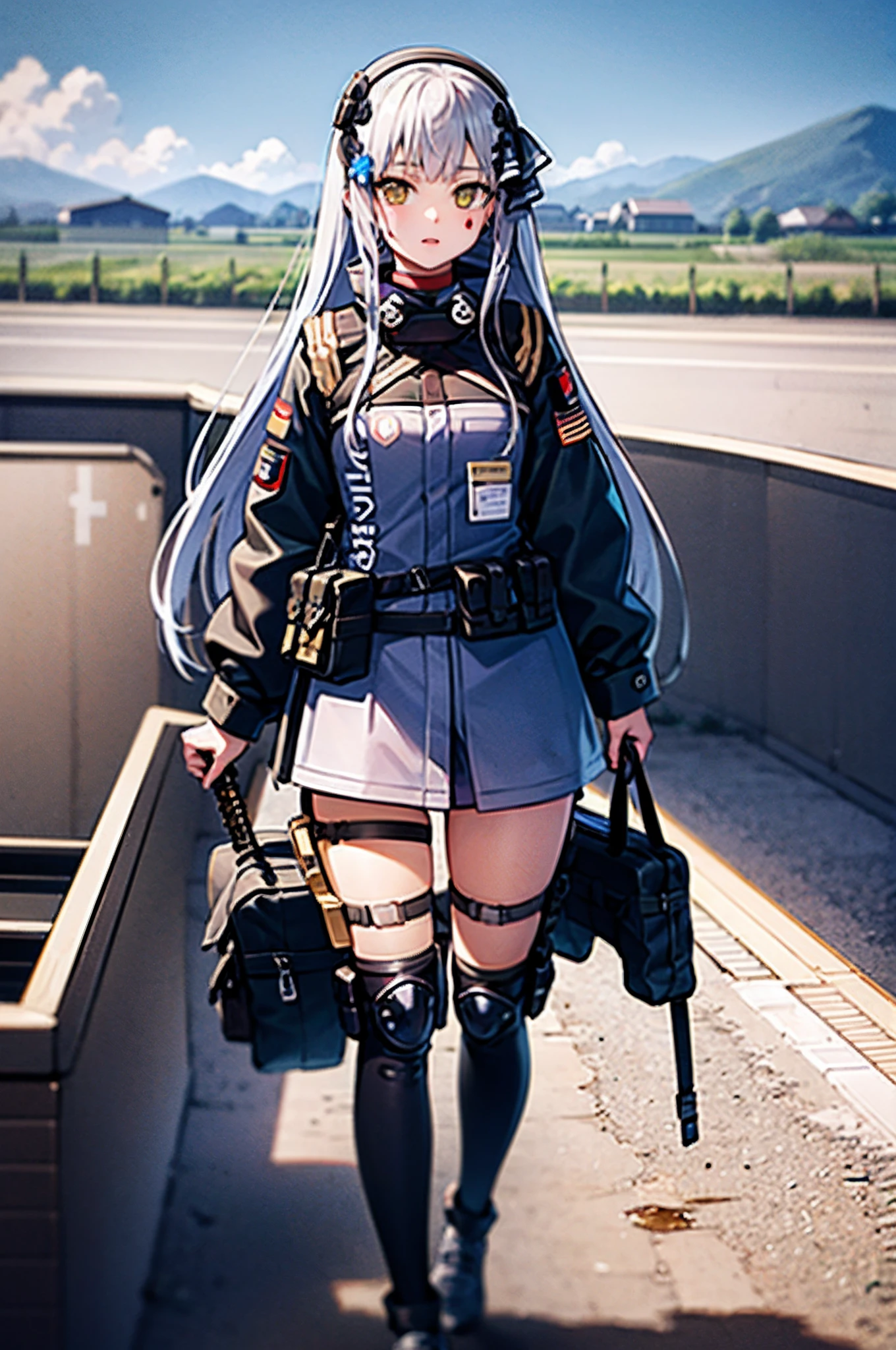 1girl, solo, masterpiece, anime girl in camouflage holding a rifle and walking on a dirt road, mechanized soldier girl, infantry girl, soldier girl, heavily armed, ready for combat, of a sniper girl in war, military girl, artwork in the style of guweiz, m4 sopmod ii girls frontline, guweiz on artstation pixiv, dressed in tactical armor