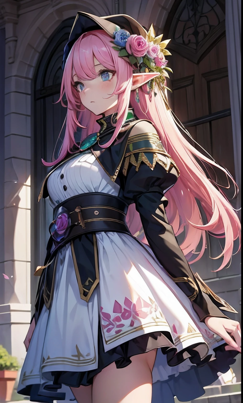 best qualityer,tmasterpiece,Ultimate resolution,downy,Extremely colorful,Colorful,western regions,elf girl, Dancer,pink hairbl,dress costumes,flowers in hair, veils,Normal posture, embarrassed