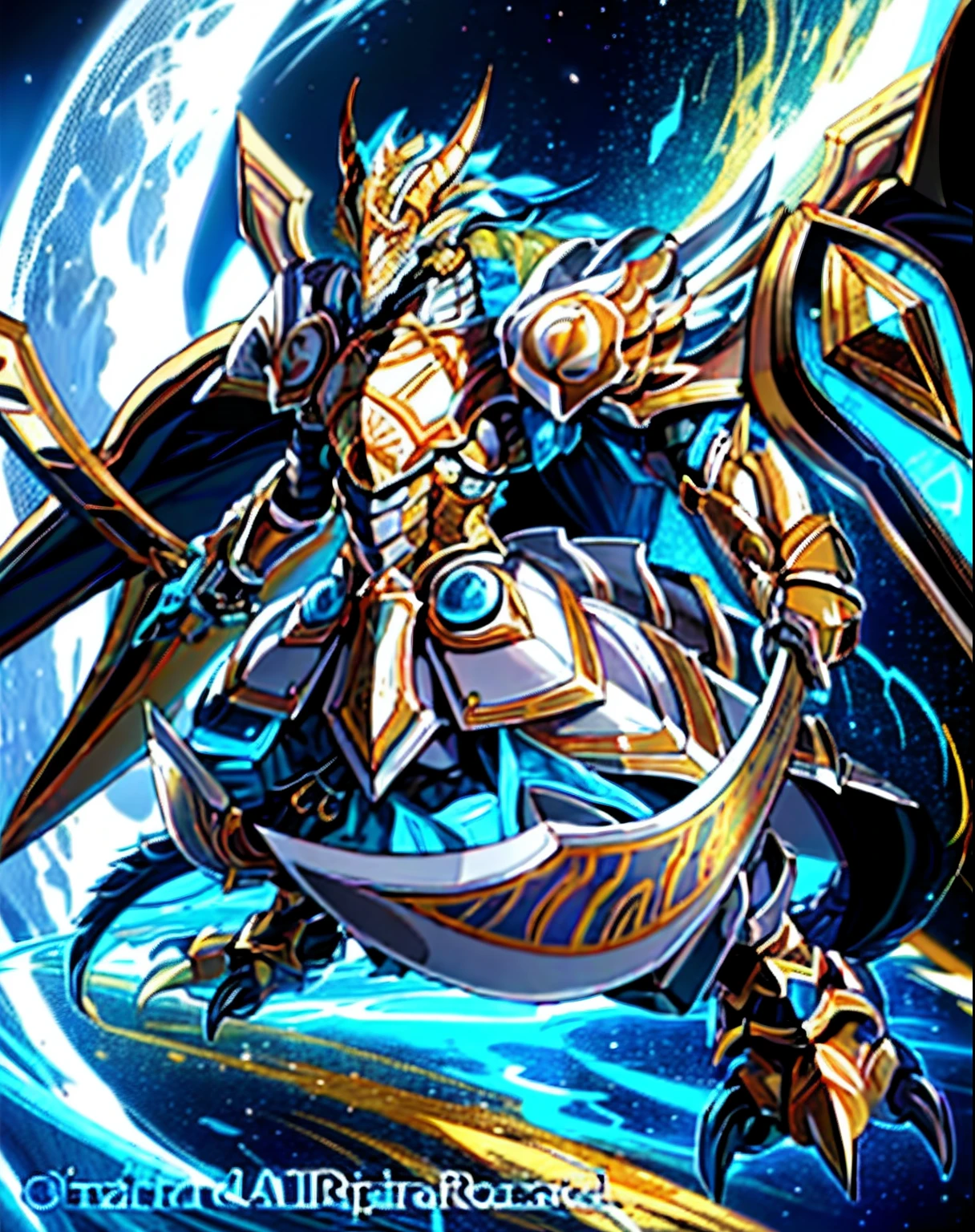 Un primer plano de un personaje de dibujos animados con una espada y una armadura, dragon ancient full plate armor, dragon knight, draconic looking armor, dragon armor, con armadura de aspecto escamoso, dragon inspired blue armor, en armadura de cazador de monstruos, Armadura de placa brillante, Armadura inspirada en dragones, Golden Paladin, Epic Paladin Armor, Armadura dorada brillante, Armadura brillante dorada y cobriza