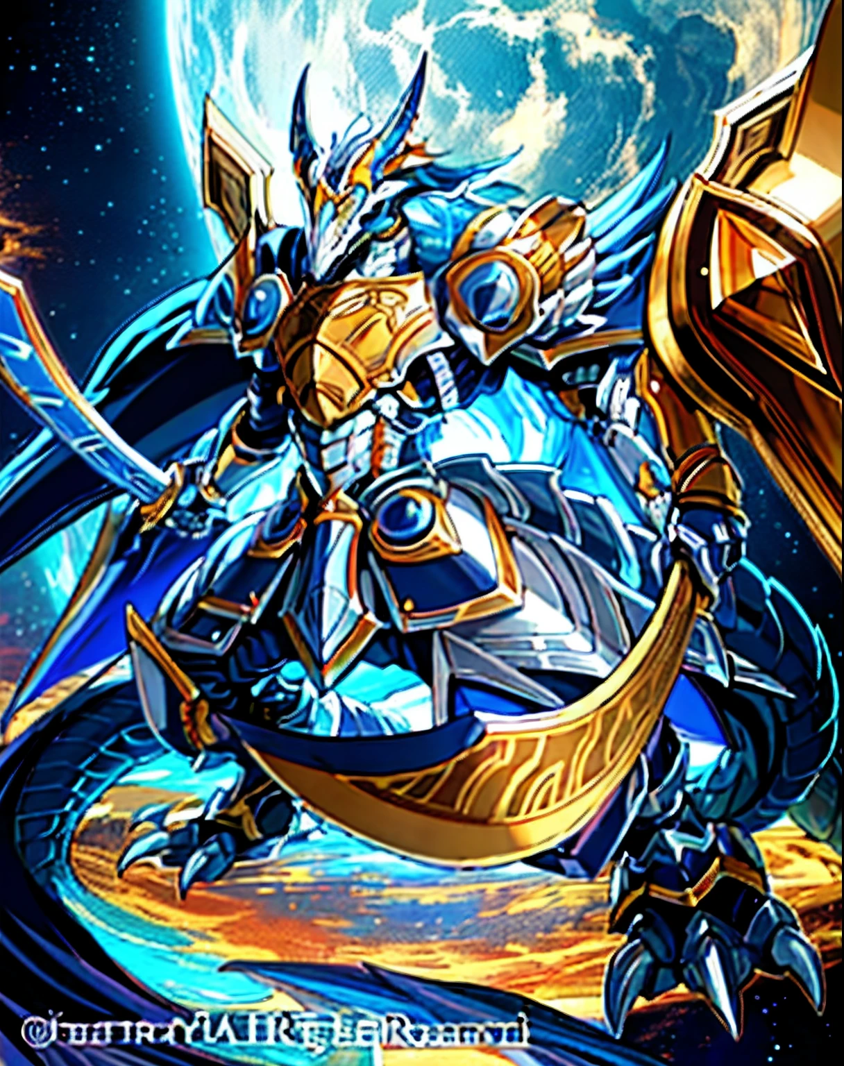 Un primer plano de un personaje de dibujos animados con una espada y una armadura, dragon ancient full plate armor, dragon knight, draconic looking armor, dragon armor, con armadura de aspecto escamoso, dragon inspired blue armor, en armadura de cazador de monstruos, Armadura de placa brillante, Armadura inspirada en dragones, Golden Paladin, Epic Paladin Armor, Armadura dorada brillante, Armadura brillante dorada y cobriza
