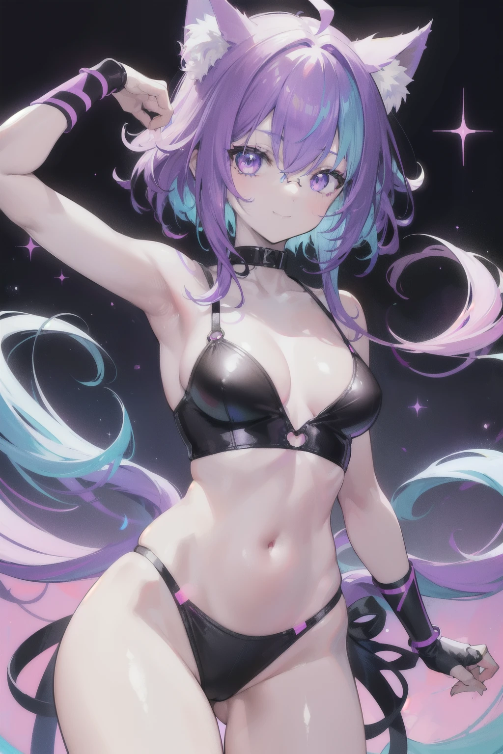 happy, smile, depth of field, (Cat ears), realistic shadow, realistic lighting, Rainbow color effect, ((cybernetic enhancements)), (glasses), pastel, collarbone, side cut, looking at viewer, hips visible, blurry background, neon, freckles, (best quality), (high resolution), (sharp focus), (ultra detailed), (extremely detailed), (extremely high quality artwork), flawless, (((masterpiece))), vibrant colors, (intricate), High contrast, strong shadows, HDR (High Dynamic Range), Post-processing, (((liquid paint hair:1.1,neon purple hair|neon aqua hair|purple hair|fuchsia hair|amethyst hair|neon hair|bright blue hair :1.5,bright hair: 1.3,hair made of paint and defies gravity,thick flowing,paint splatter:1.3,shiny hair: 1.3,vibrant colored hair))), top rated on pixiv, perfect eyes, beautiful detailed eyes ,gradient eyes, (((lustrous skin:1.5, bright skin: 1.5, skin tanned,shiny skin, very shiny skin, shiny body, plastic glitter skin))), wide hip, athletic body, detailed body, cute, fluorescent and neon clothing, (dynamic pose:1.0),