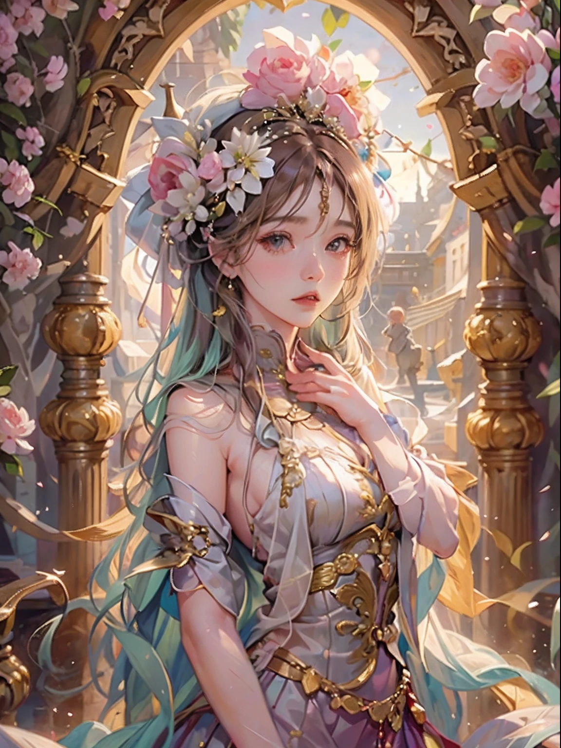 (Hyper-realistic) , (illustratio), (Increase the resolution), (8K), (RAW photos,best qualtiy),(realisticlying,photograph realistic:1.3),best qualtiy,highly detailed,tmasterpiece,Hyper-detailing,( the wallpaper), (详细的脸), 独奏,1girll,The is very detailed,dynamic angle,cow boy shot,The most beautiful form of chaos,elegant,Fauvist design,vivd colour,Goddess of romanticism,Model figure,ancient costume,best qualtiy,Extremely detailed jewelry,Peony petals,scenecy,rios|Wagas,