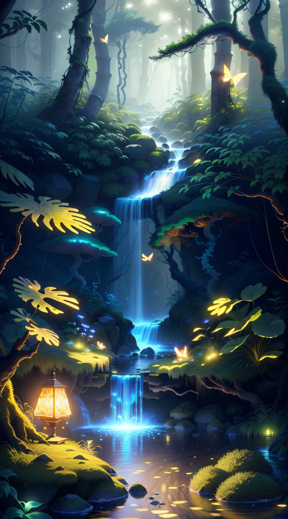 Masterpiece, best quality, (very detailed CG unity 8k wallpaper), (best quality), (best illustration), (best shadows), glow sprite, with a glowing table massage, in the swimming pool Drinking water, natural elements in the forest theme. Mysterious forest, beautiful forest, nature, surrounded by flowers, delicate leaves and branches surrounded by fireflies (natural elements), (jungle theme), (leaves), (twigs), (fireflies), (particle effects) etc. 3D , Octane rendering, ray tracing, super detailed --v6