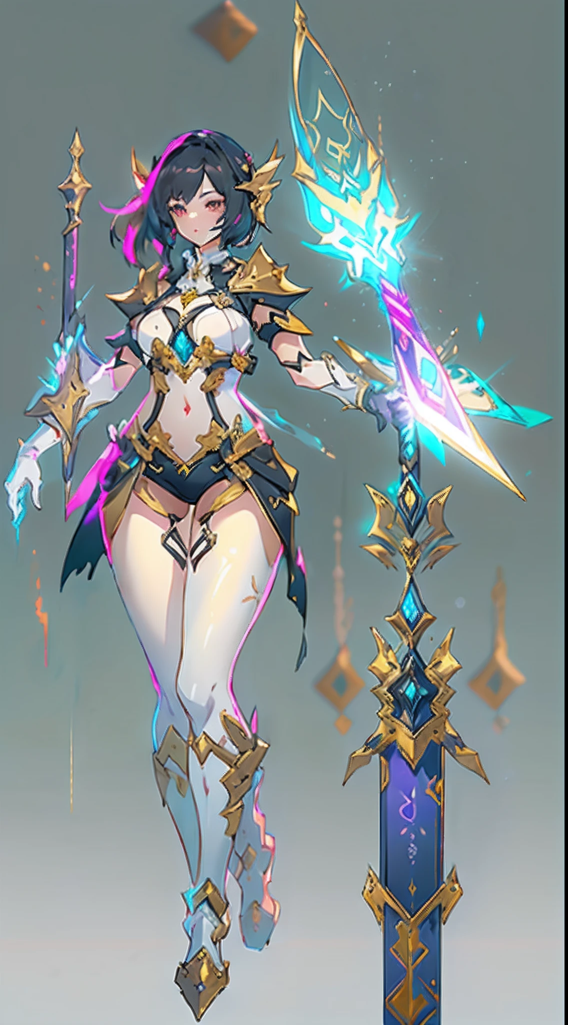 Concevoir une mise en page vitrine Personnage de jeu, ((1fille)), grand_Seins. golden+Purple clothing, Elegant and unique, ((Demonstration Weapon:1.4)), Personnel magique, (Masterpiece:1.2), (Best quality), 4K, Ultra-detailed, (Step-by-step design, art de mise en page:1.5), (glowing lighting, atmospheric lighting), Style Final Fantasy, Magicien, ((Full Hand Glove)), Fran, voir, (((revealing clothes:1.3))), vambraces, Armored Legwear, (((Plein_corps_tir:1.4))), Niji, back_vue