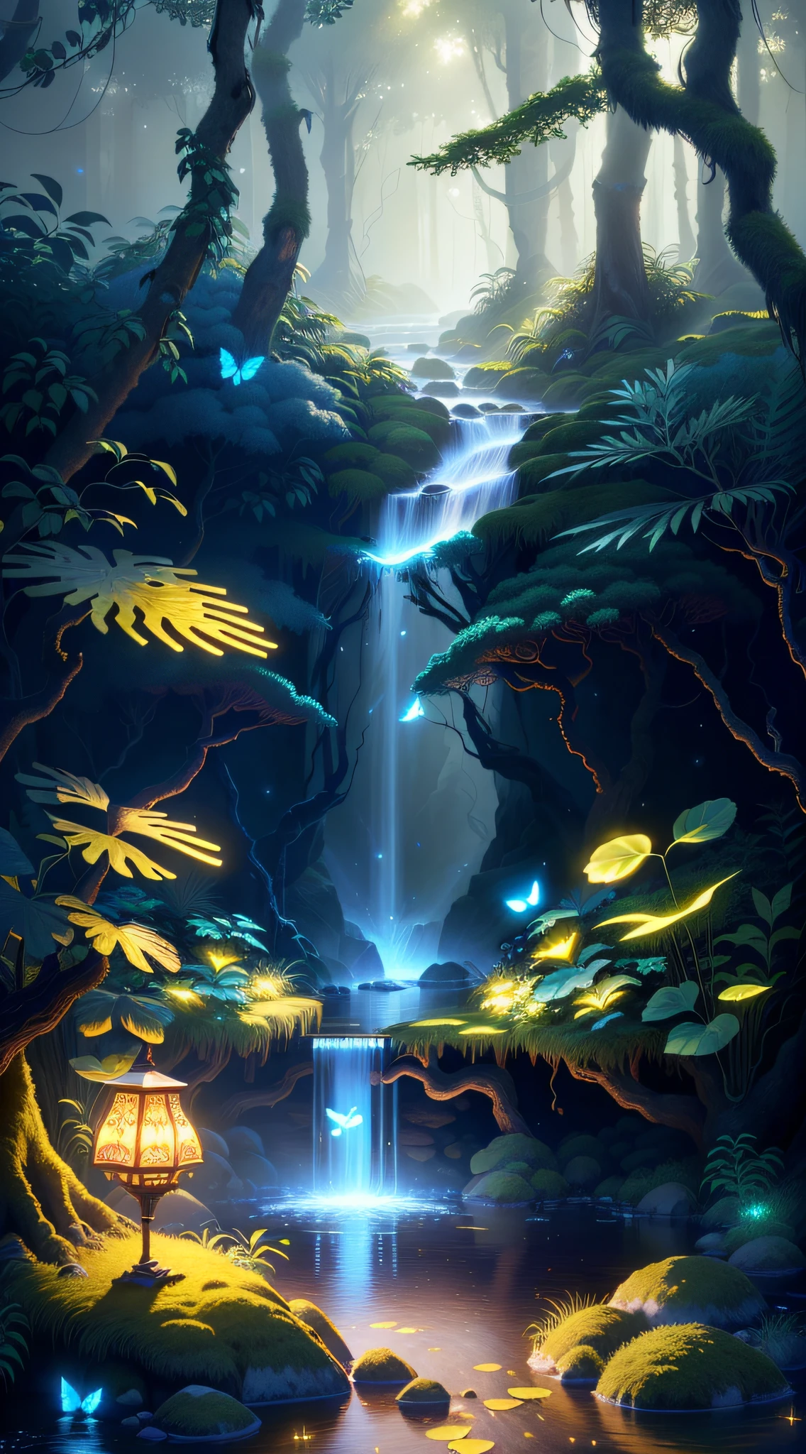 Masterpiece, best quality, (highly detailed CG unity 8k wallpapers), (best quality), (best illustrations), (best shadows), forest theme with natural elements. Tall trees, quiet streams, small glowing mushrooms surrounded by delicate leaves and branches, with fireflies and glowing particle effects,, (natural elements), (jungle theme), (leaves), (twigs), (fireflies), butterflies, (delicate leaves), (glow), (particle effects). , Isometric 3D, Octane Rendering, Ray Traced, Super Detailed