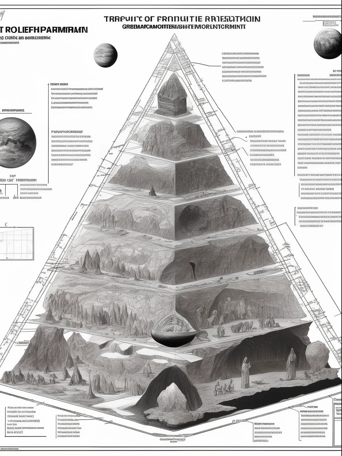 Schematic diagram of the structure hierarchy of the geocentric world,Hollow Earth,Geometric division combination puzzle,Detailed chart annotations,Each section is illustrated graphically,Planetary hierarchy,Surrounded by stars,anatomical figure,Lots of layers,Detailed details are plentiful,Charts,Astronomy Teaching Diagram,