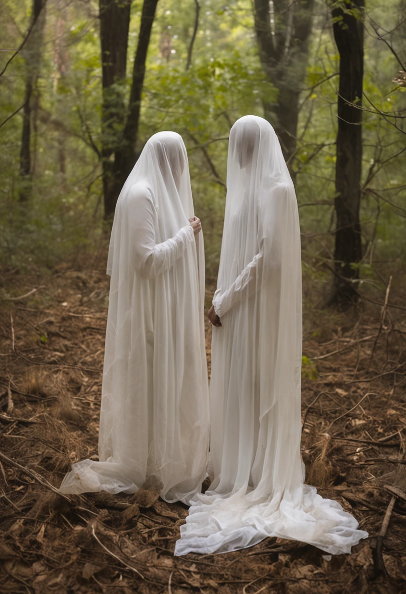 Three women dressed in white are standing in a forest, imagem assustadora espiritual, Bruxas, wearing translucent veils, fotografia assustadora, assombrosamente bela, gorgeous with sinister vibes, The Three Destinations, circle of the crone, Bebidas espirituosas cobertas de cortinas, funeral veil, Mito grego do ritual escuro, scary horrifying satanic rituals, southern gothic art