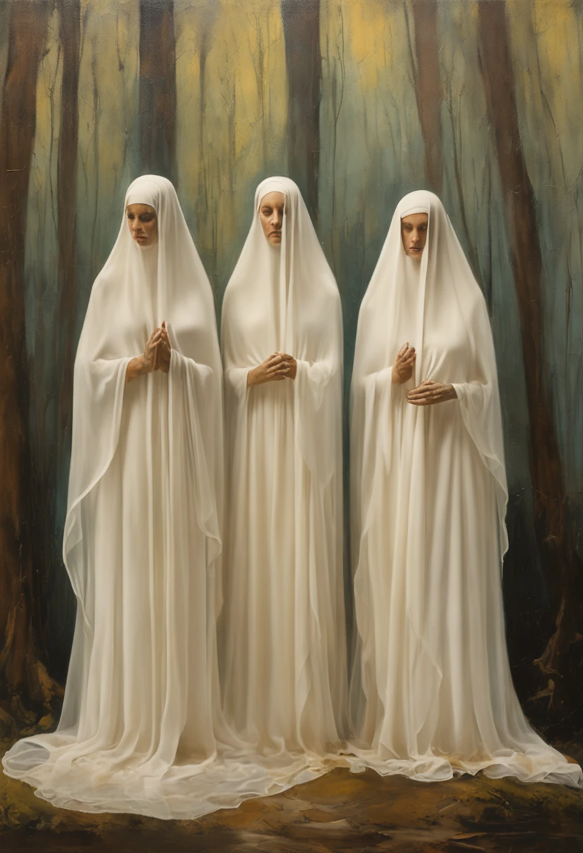 Three women dressed in white are standing in a forest, imagem assustadora espiritual, Bruxas, wearing translucent veils, fotografia assustadora, assombrosamente bela, gorgeous with sinister vibes, The Three Destinations, circle of the crone, Bebidas espirituosas cobertas de cortinas, funeral veil, Mito grego do ritual escuro, scary horrifying satanic rituals, southern gothic art