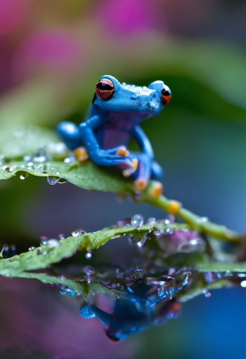 microcosm , Masterpiece , macro photography , cobweb, filmgrain, Bokeh , Smoke , Highly detailed, Sunny Sunny weather, Microflower, The drops, bblurry, Close up of 1 realistic frog sitting on a lotus:1.5, Azure background, subdued contrasts, rendering by octane , illusory engine