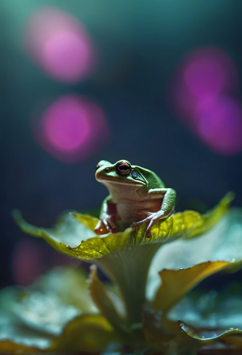 microcosm , Masterpiece , macro photography , cobweb, filmgrain, Bokeh , Smoke , Highly detailed, Sunny Sunny weather, Microflower, The drops, bblurry, Close up of 1 realistic frog sitting on a lotus:1.5, Azure background, subdued contrasts, rendering by octane , illusory engine