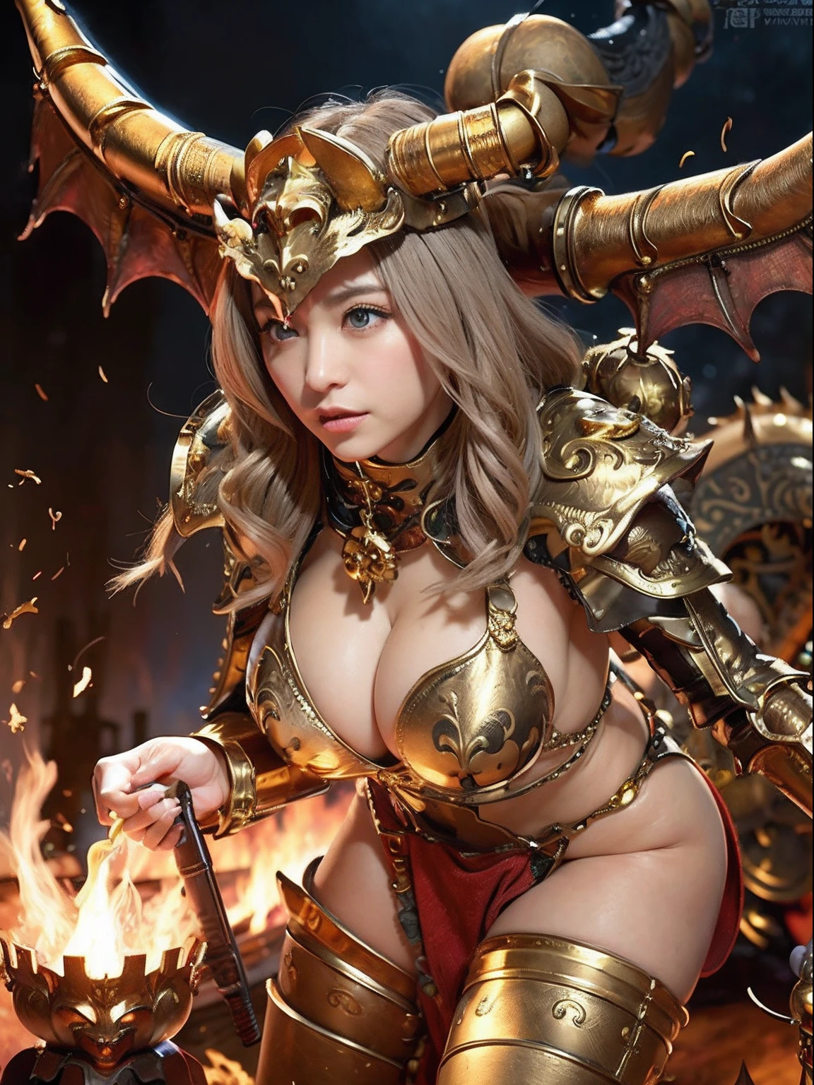 Professional , ​masterpiece、top-quality、photos realistic , depth of fields 、（Dragon Black Metal Body:1.９),(Mattretto、（cleavage of the breast）、Dragon Gold Weapon、（Micro Bikini Armor:1.４),Gorgeous gold weapons ,（（ Dragon's dense and gorgeous sword）） , （demonic wings）、（（a blond））、（Castle background）、（（Gangle's forest background））、Beautiful Caucasian beauty、１a person、dynamic ungle,(((Detailed and ornate dragon helmet)))、Smaller head、A smile、Castle background、Thin and beautiful female hands、cleavage of the breast、Soldier in iron armor on background、Mystical expression、Light Effects、intense fighting、Wind-effect、magic circles、With the legendary magic wand、Dragon's tail、explosions、