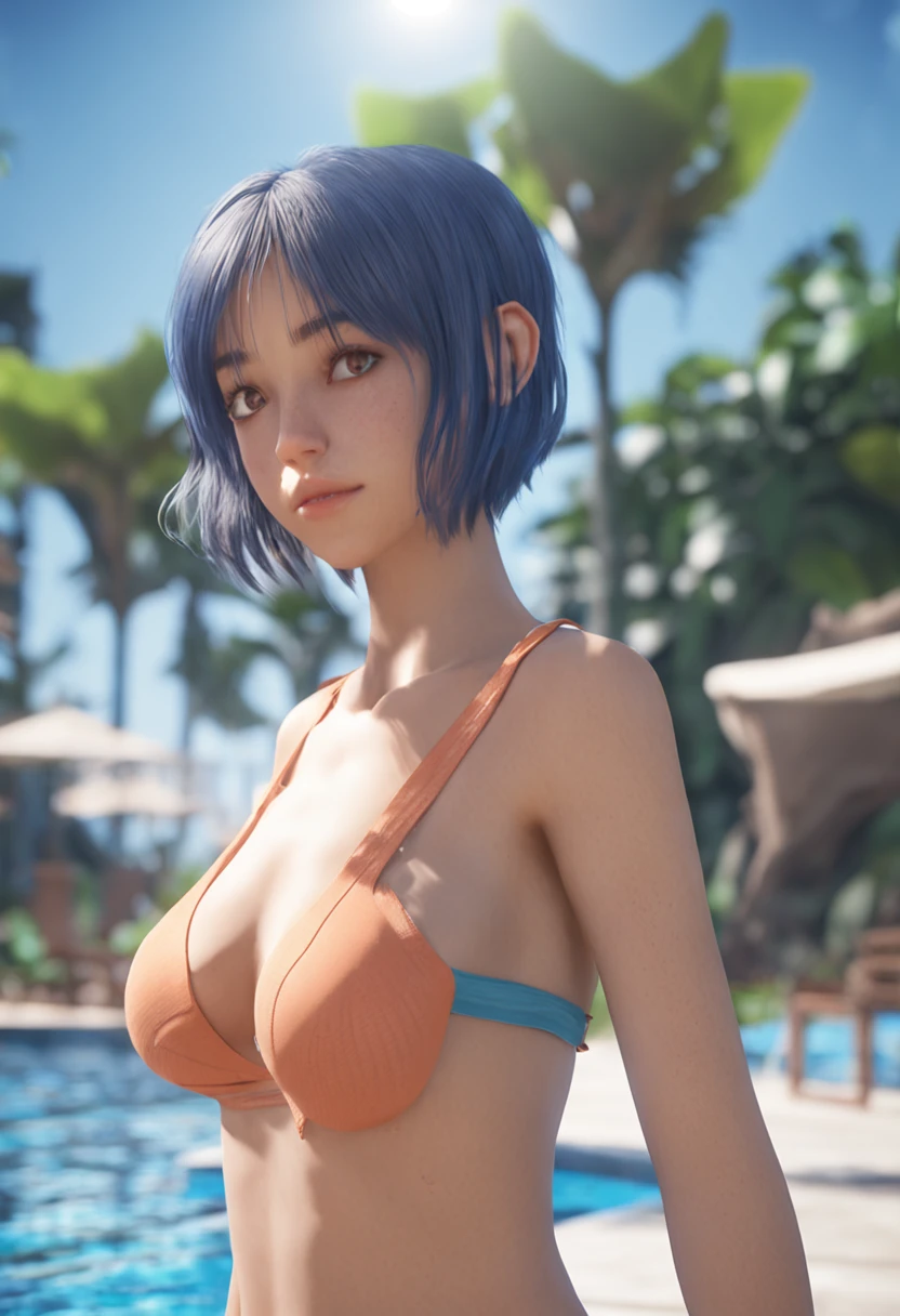 (Unity 16K wallpaper, Masterpiece, Best quality, Ultra-detailed, Extremely detailed CG, Caustics, Cinematic lighting, Detailed, Beautiful detailed eyes, Solo,Pool side),超高分辨率, Fine skin、Sexy,curby,NSFW,(School swim wear:1.3), Small breasts,14 years old、Blue eyes、Blue hair,perm, Blush, Angry,Sitting, spread their legs, Pixie cut