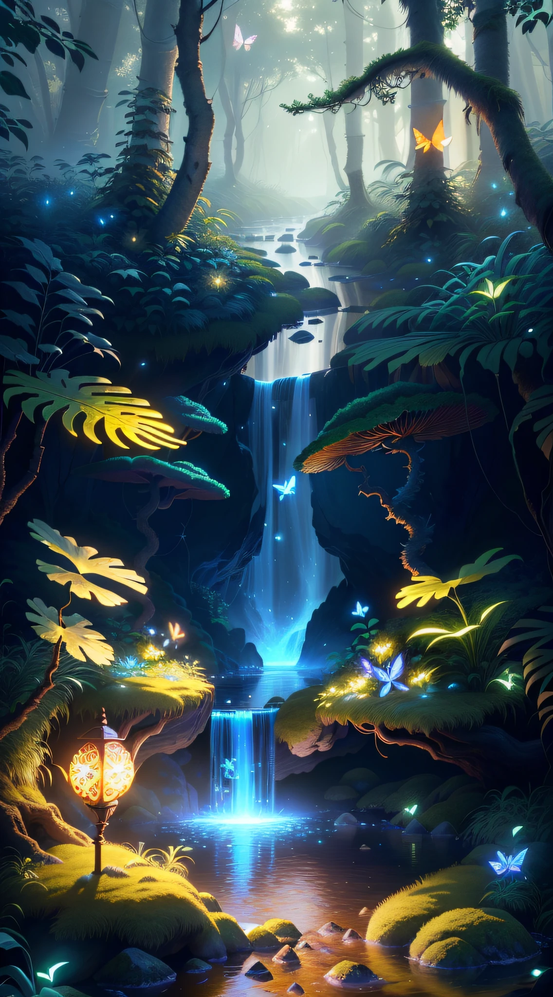 Masterpiece, best quality, (highly detailed CG unity 8k wallpapers), (best quality), (best illustrations), (best shadows), forest theme with natural elements. Tall trees, quiet streams, small glowing mushrooms surrounded by delicate leaves and branches, with fireflies and glowing particle effects,, (natural elements), (jungle theme), (leaves), (twigs), (fireflies), butterflies, (delicate leaves), (glow), (particle effects). , Isometric 3D, Octane Rendering, Ray Traced, Super Detailed