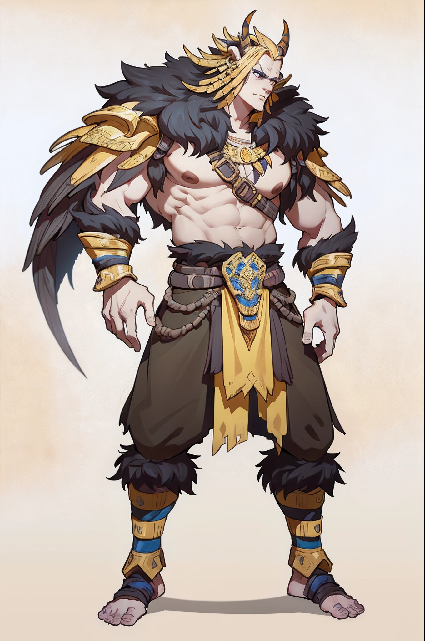 1 boy（Barbarians）、yellow outfit、独奏，full bodyesbian，European and American cartoon design，Primitive tribal elements，standing on your feet，white backgrounid，Magical fantasy design，character concept design，Beautiful face and eyes，tmasterpiece，best qualtiy，Best resolution，high definition detail