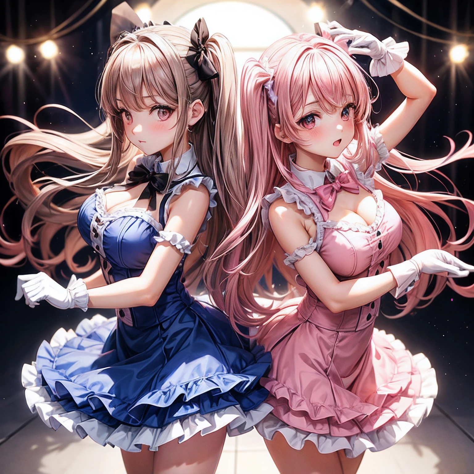 Cute Girl, Lolita Girl, Photo stand, Facing each other., viewer look., Two-tailed long hair, Pink hair tie bow, Brown eyes, Blue dress, full entire body, stand, White gloves, mediuml breasts, Dance rehearsal room, Light purple backlight