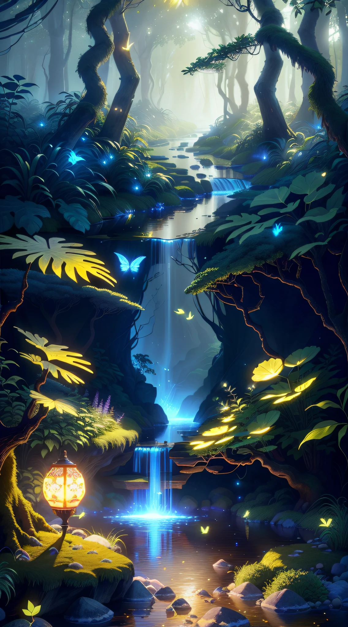 Masterpiece, best quality, (highly detailed CG unity 8k wallpapers), (best quality), (best illustrations), (best shadows), forest theme with natural elements. Tall trees, quiet streams, small glowing mushrooms surrounded by delicate leaves and branches, with fireflies and glowing particle effects,, (natural elements), (jungle theme), (leaves), (twigs), (fireflies), butterflies, (delicate leaves), (glow), (particle effects). , Isometric 3D, Octane Rendering, Ray Traced, Super Detailed