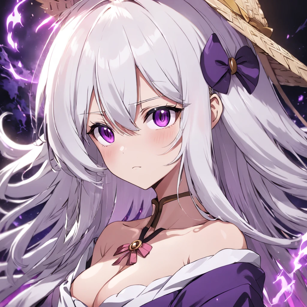 White hair,Purple robe,Purple pupils,Straw Hat Hat,Dark background,,Tsundere girl,anime big breast