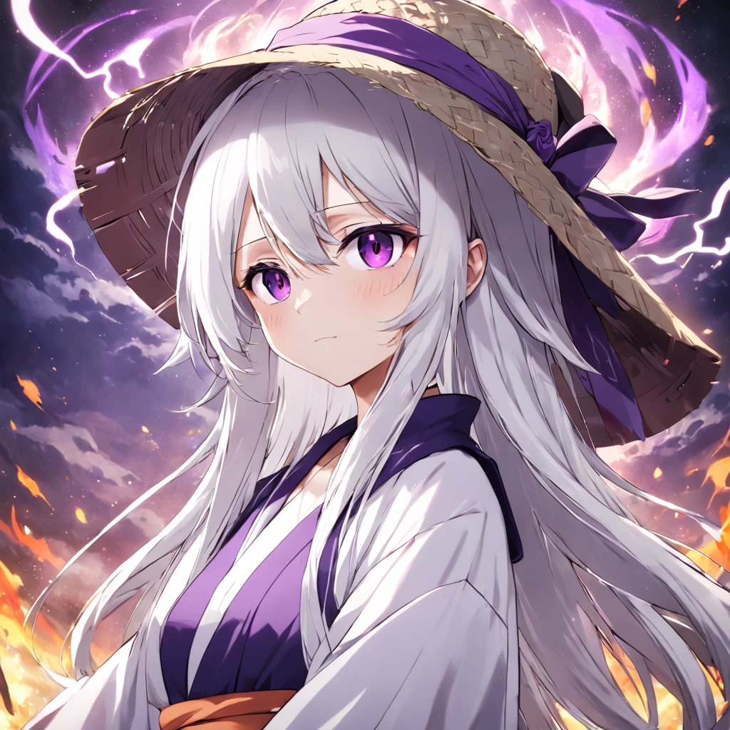 White hair,Purple robe,Purple pupils,Straw Hat Hat,Dark background,,Tsundere girl,anime big breast
