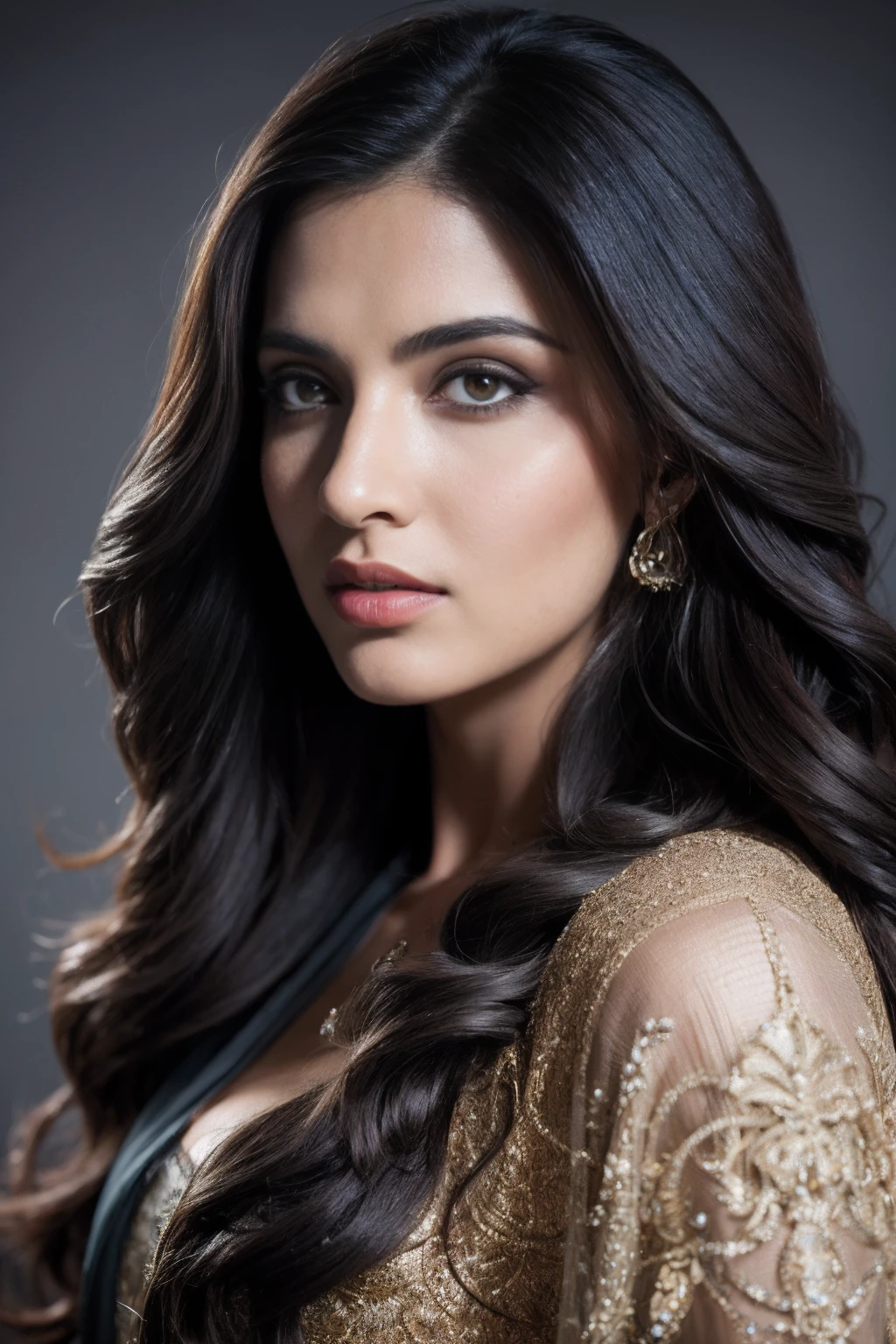 Portrait of A confident-looking indian woman with long flowing hair, hazel eyes, with flowing capes, perfect composition, hyperrealistic, super detailed, 8k, high quality, trending art, trending on artstation, sharp focus, studio photo, intricate details, highly detailed, art by greg rutkowski