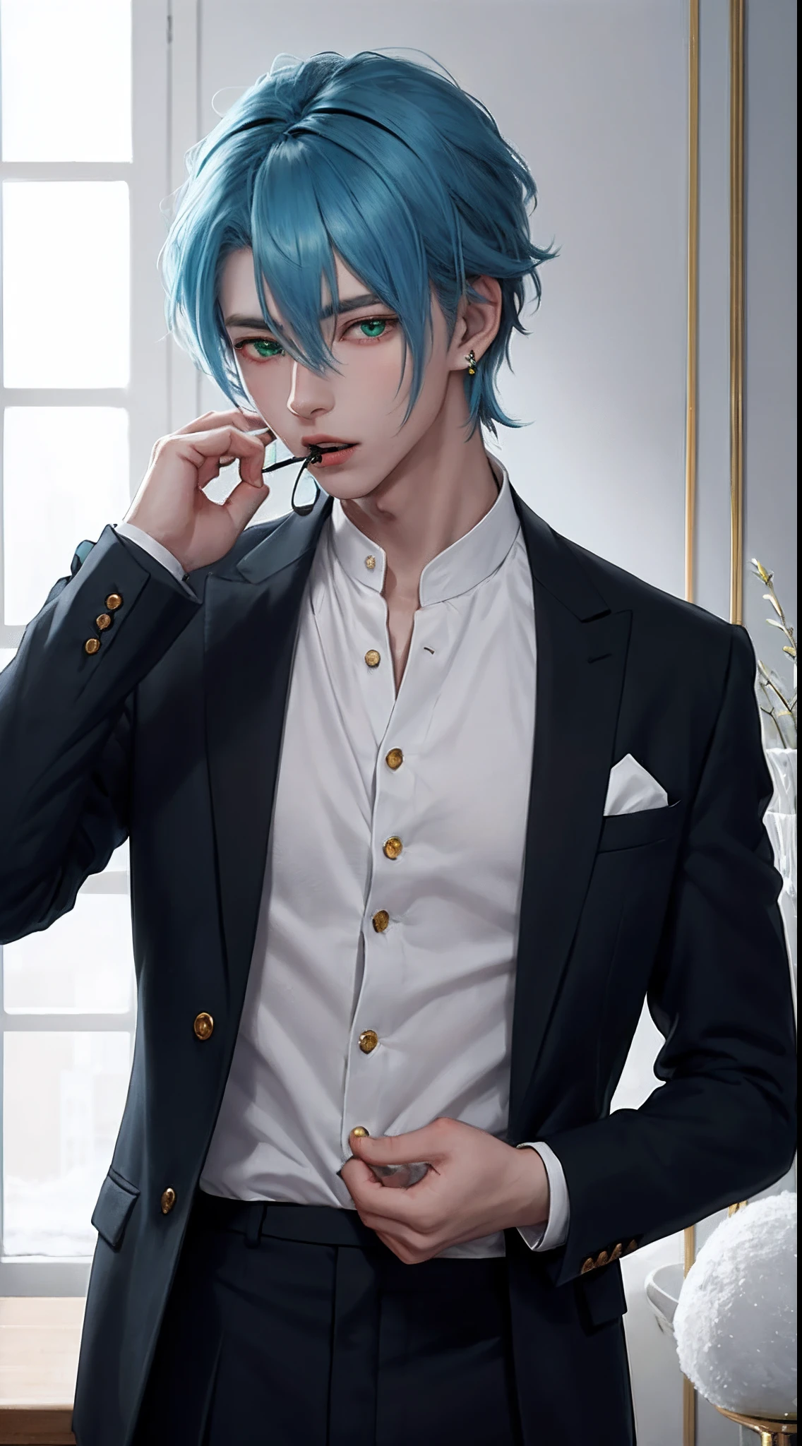 anime boy, blue hair, he is holding a hair band, one hand pulls the hair band, the other hand holds up his hair, eyes green as emerald, wearing a home suit, skin as white as snow, mouth pressed black earrings,